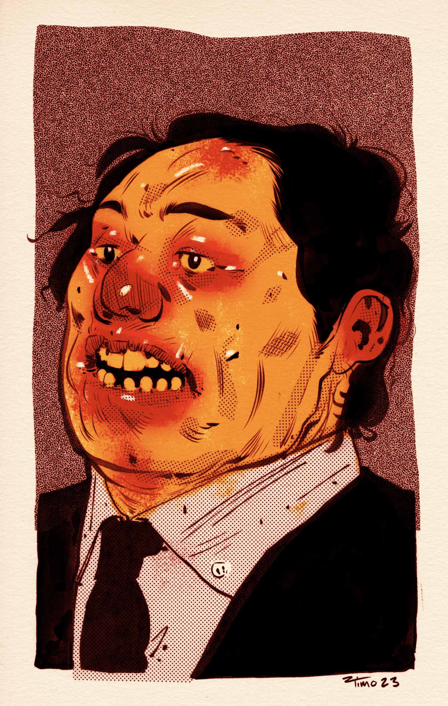 illustration of bloody guy inked with pentel brush pen screentone