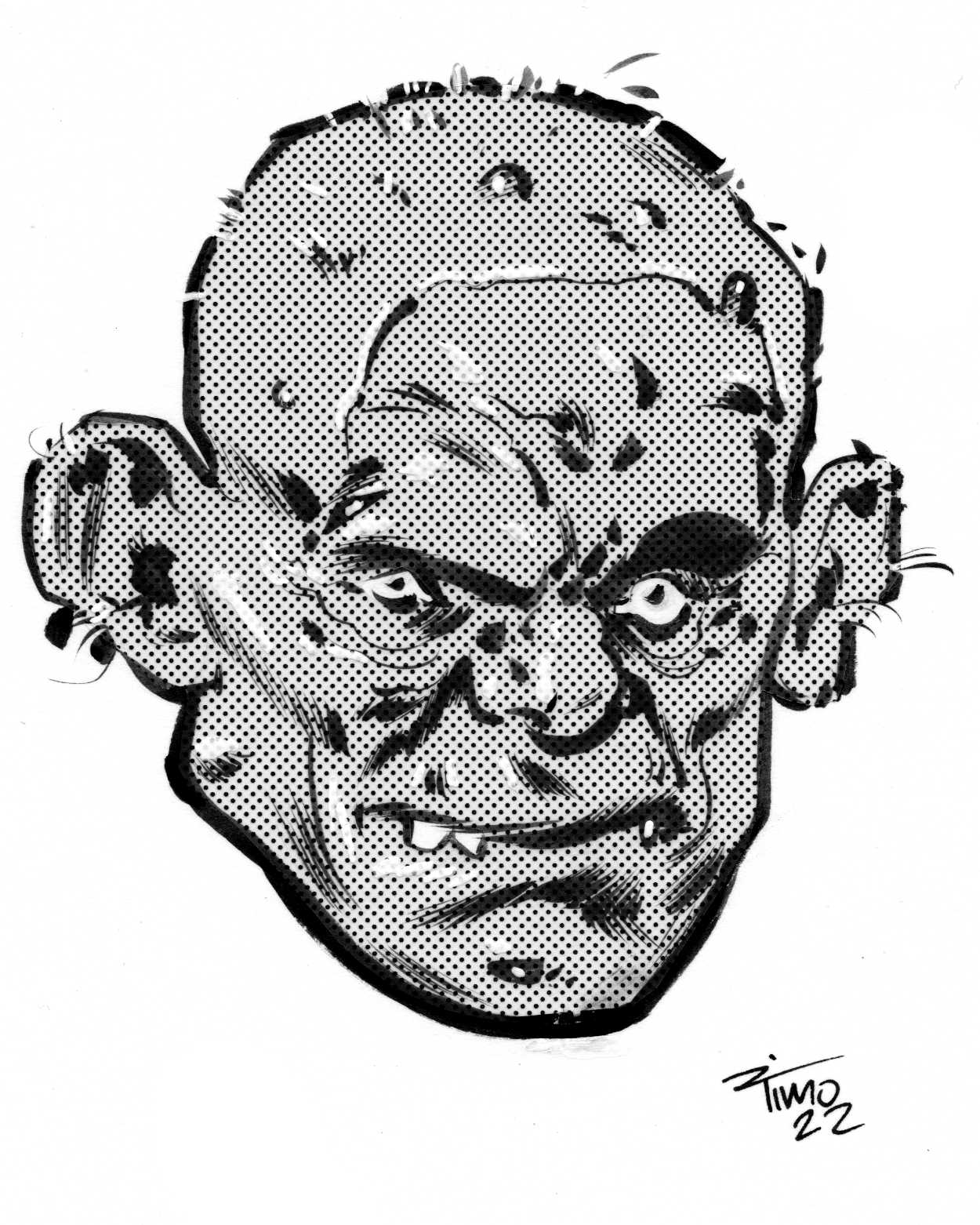 dismembered creepy floating head illustration inked with pentel brush pen screentone