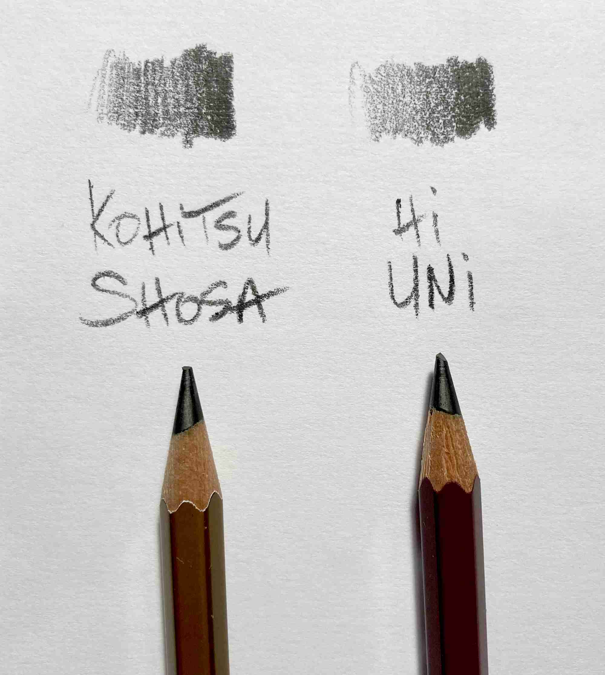 Mitsubishi Kohitsu Shosha Pencil 10B on the left versus the Hi-Uni 10B on the right