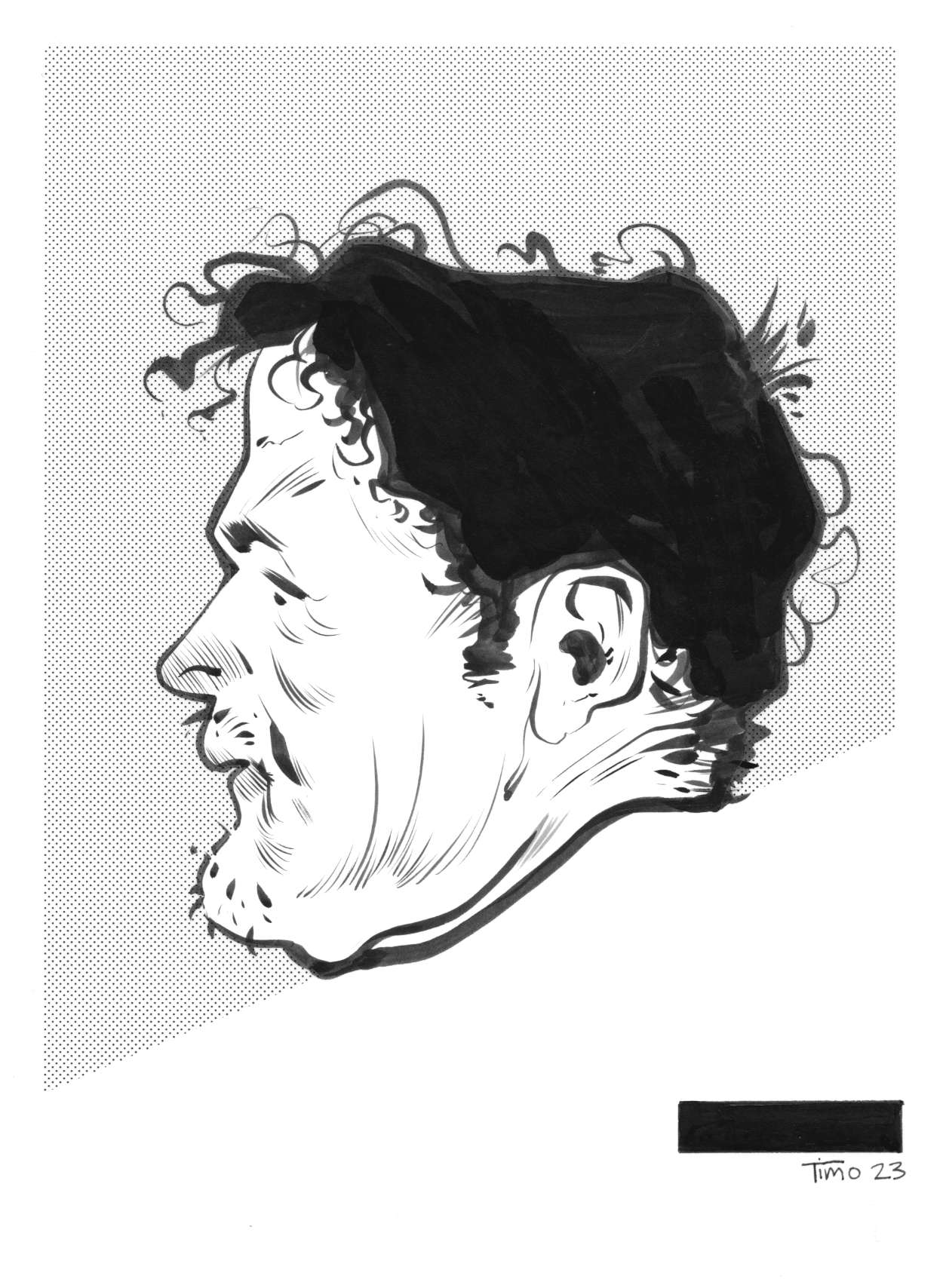 floating head illustration inked with pentel brush pen screentone