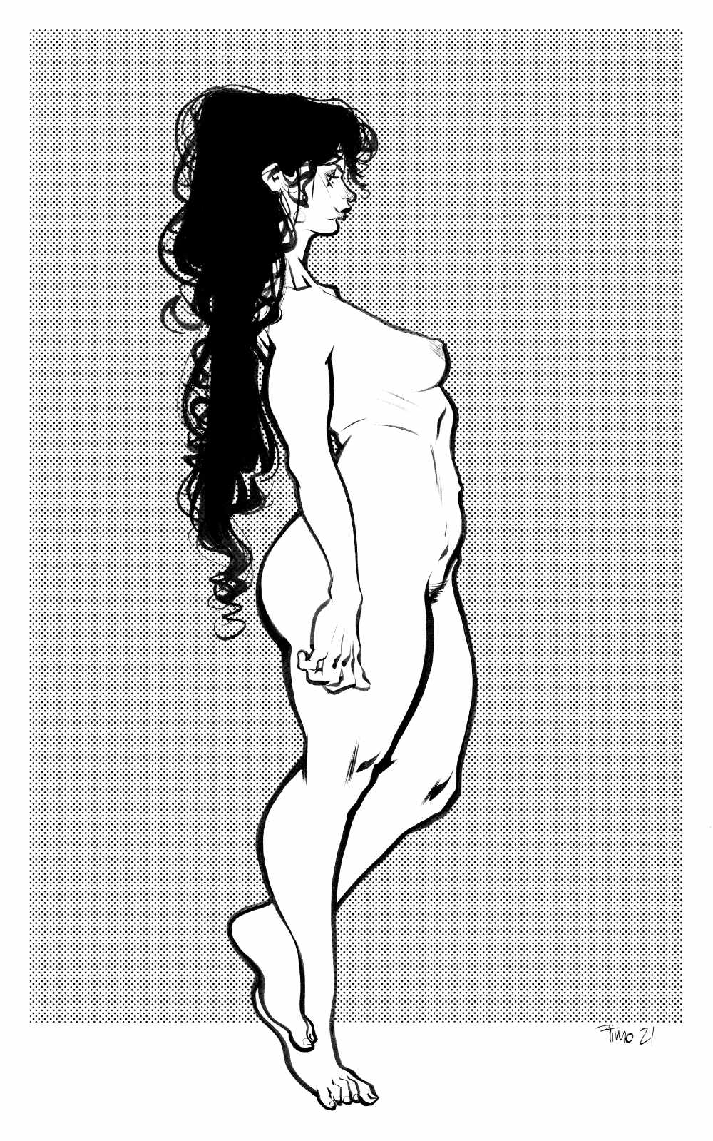 Nude Woman floating Illustration ink brush screentone