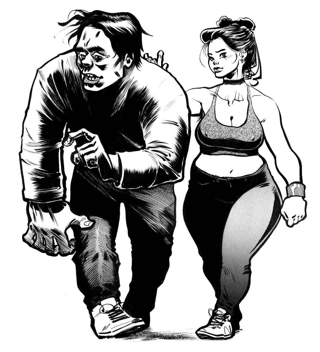 Two People Walking Illustration thick ink brush